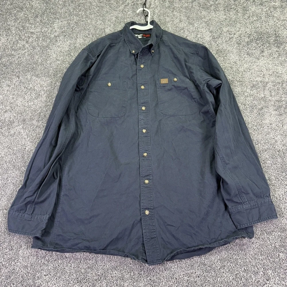 Wrangler Riggs Workwear Shirt Mens 2XLT Blue Long Sleeve Button Up Pockets Logo